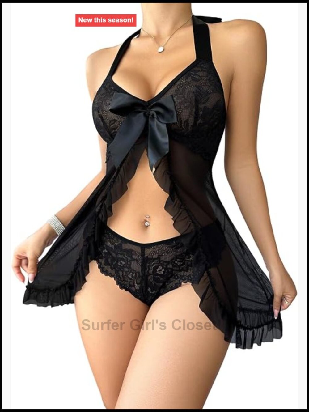Sexy Lingerie Dress 2pc Halter Night Gown Set with Thong Sleeveless